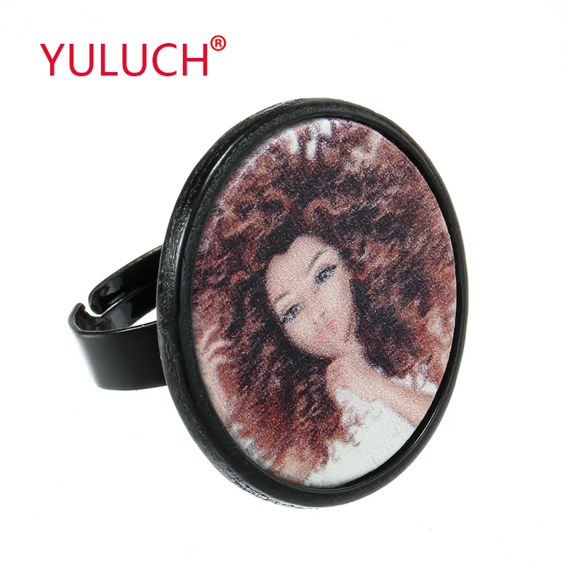 

YULUCH 2019 Luxury pop jewelry fashion woman wedding ring for alloy inlaid wood round printing ethnic ring gift