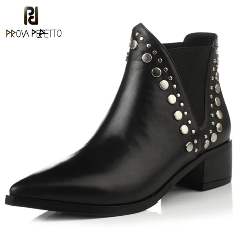 

Prova Perfetto New Women Chelsea Boots Rivet Genuine Leather Ankle Boots Female Slip-on Pointed Toe Shoes Woman Low Heels Boots