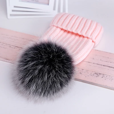 Real Fur Hat Knitted Real fox hair bulb Pom Pom Hat Women Winter Hat Unisex Kids Warm with wool Chunky Thick Stretchy Knit hat - Цвет: Розовый