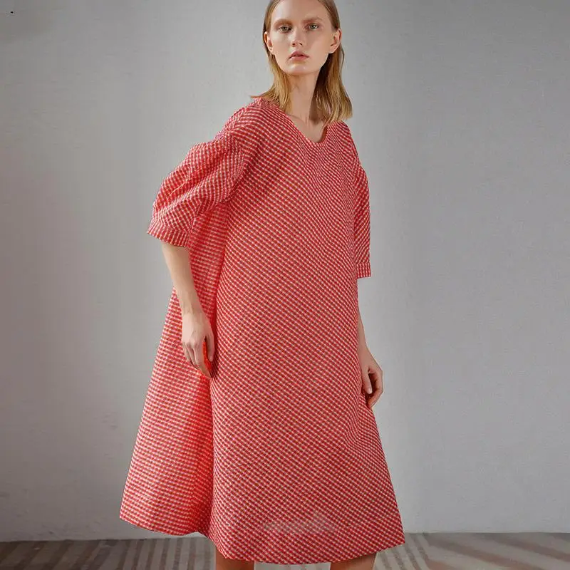 Buykud 2019 Summer Dress Solid Color O-Neck Three Quarter Midi Dresses Casual Plaid Plus Size Female Vestidos (5)