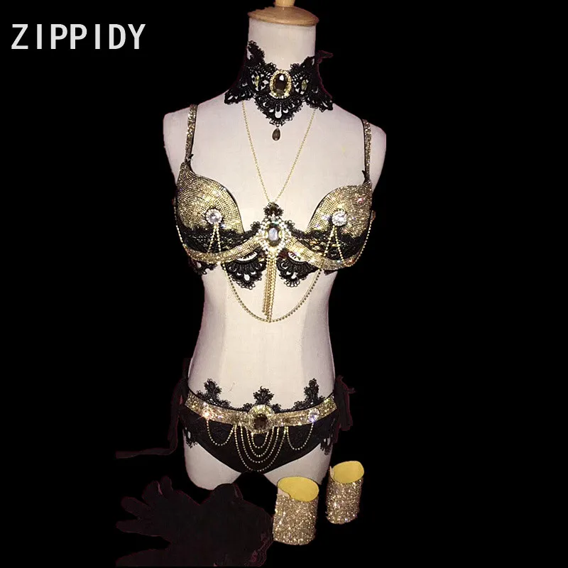 

Модный костюм с блестками из яркого золота, костюм с вышивкой и бюстгальтером, комплект короткой одежды для ночного клуба, показа певца, наряд с бикини, Женский комплект