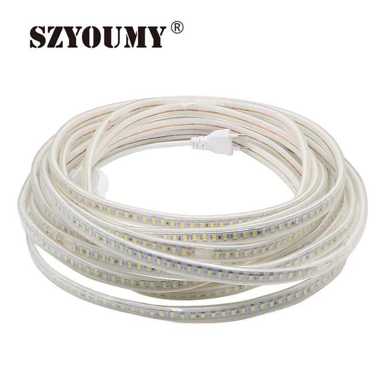 cheap SZYOUMY 5M 220V Led Strip Flexible Light SMD 5730 120 Leds M Waterproof Led Lights White Warm White +Power Plug