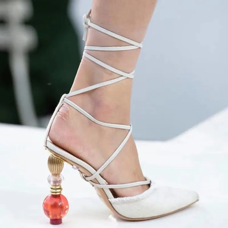 

Dipsloot 2019 The Newest Women Pointed Toe Lace-up Gladiator Sandals Ladies Sexy Pearl Decorated High Heels Dress Runway Shoes