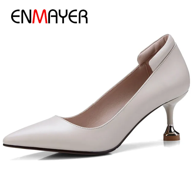 ENMAYER Pointed Toe Pumps Shoes Woman Large Size 34-41 Genuine Leather Shoes High Heels Pumps Slip-on Shoe Party Wedding