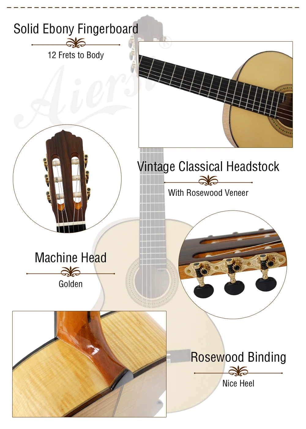 Aiersi solid classical guitar with Figured maple back and side  (1)