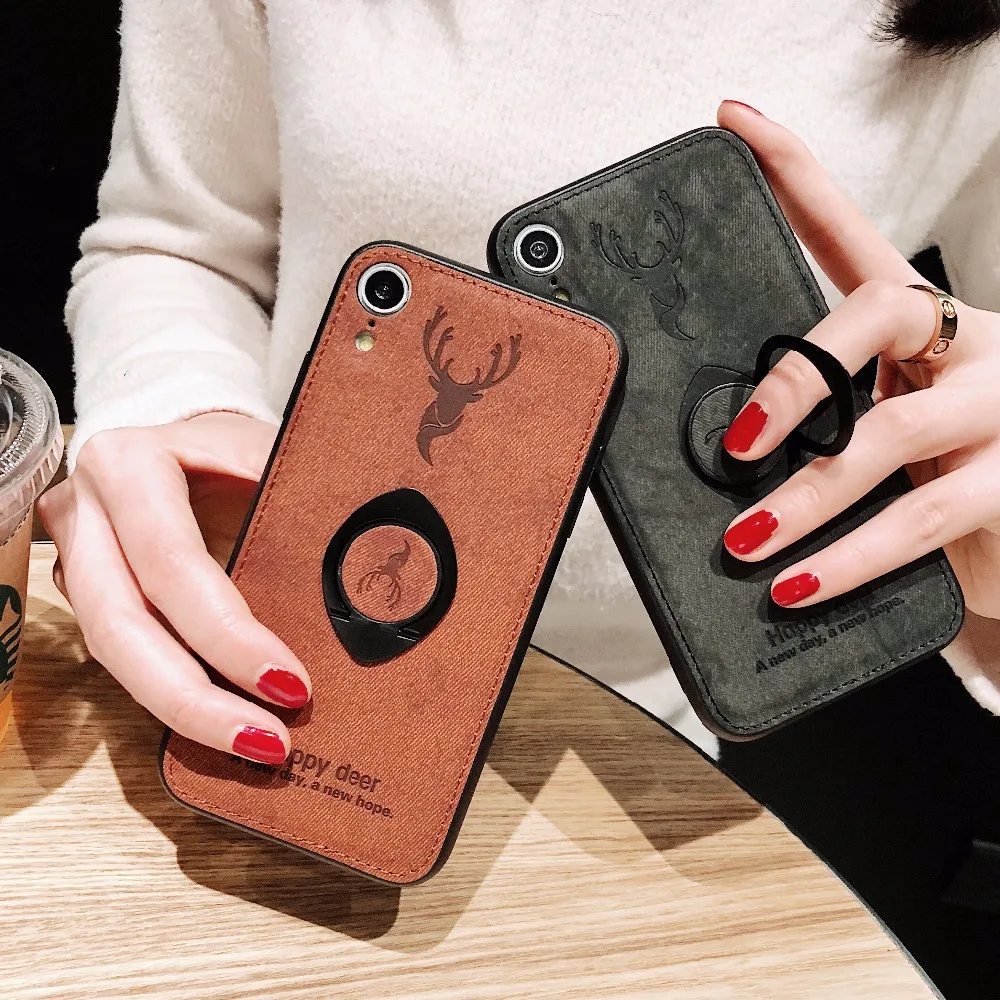

Deer Phone Case For iphone 8 plus Ring Magnetic Bracket Soft Cloth Texture TPU Back Covers Case For iphone 7 6 6S Plus 6plus ip6