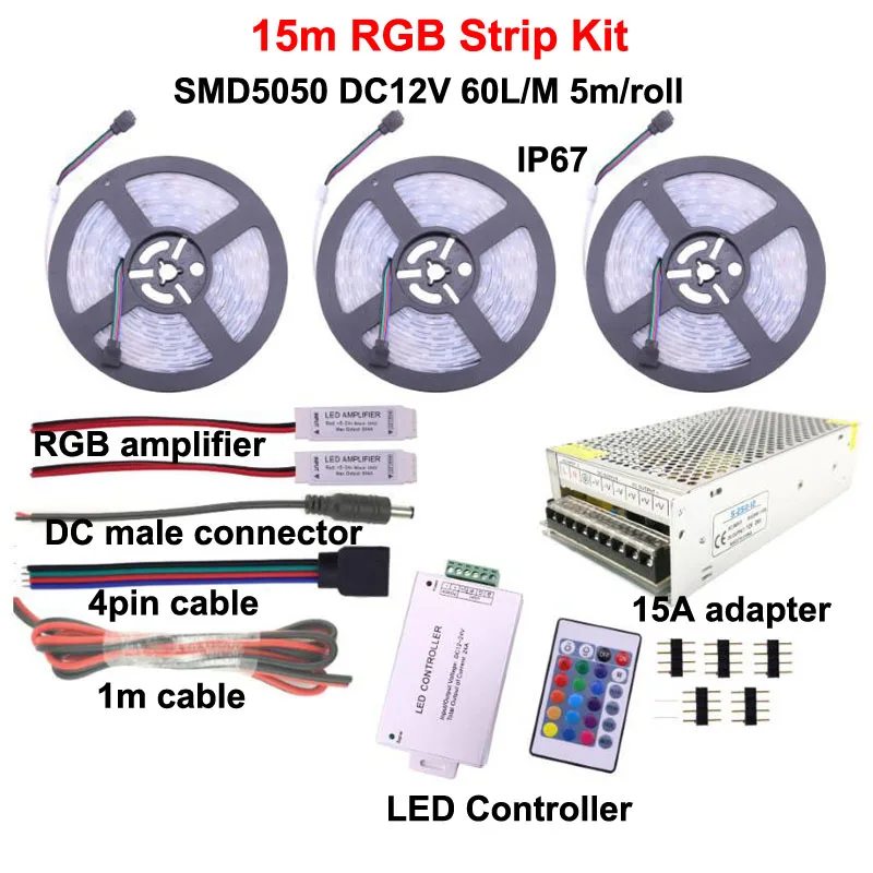 Наружная Светодиодная лента 5050 RGB лампа IP67 водонепроницаемый DC 12 В 60 Светодиодный s/m лента 5 м 10 м 15 м 20 м комплект с пультом дистанционного управления - Испускаемый цвет: 15m RGB Strip Kit