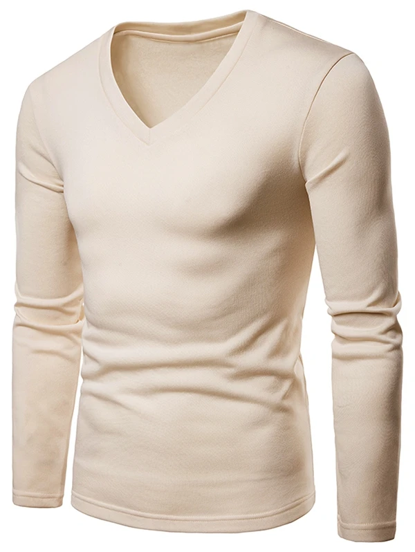 Men Solid Color V Neck Fleece T shirt Fall Autumn Full Sleeve Tee Tops