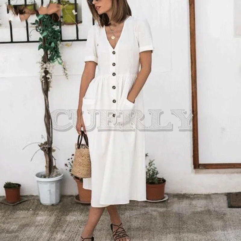 

Cuerly 2019 summer casual button front dress women short sleeve pockets knee length dress female cotton vestidos L5