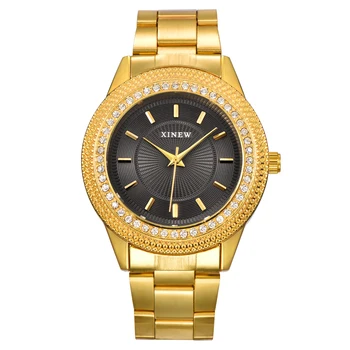 

1pc / lot XINEW Lovers Watch Fashion Gold Full Stainless Steel Rhinestone Casual Quartz Watches Women Men Gifts Relogio Dourado