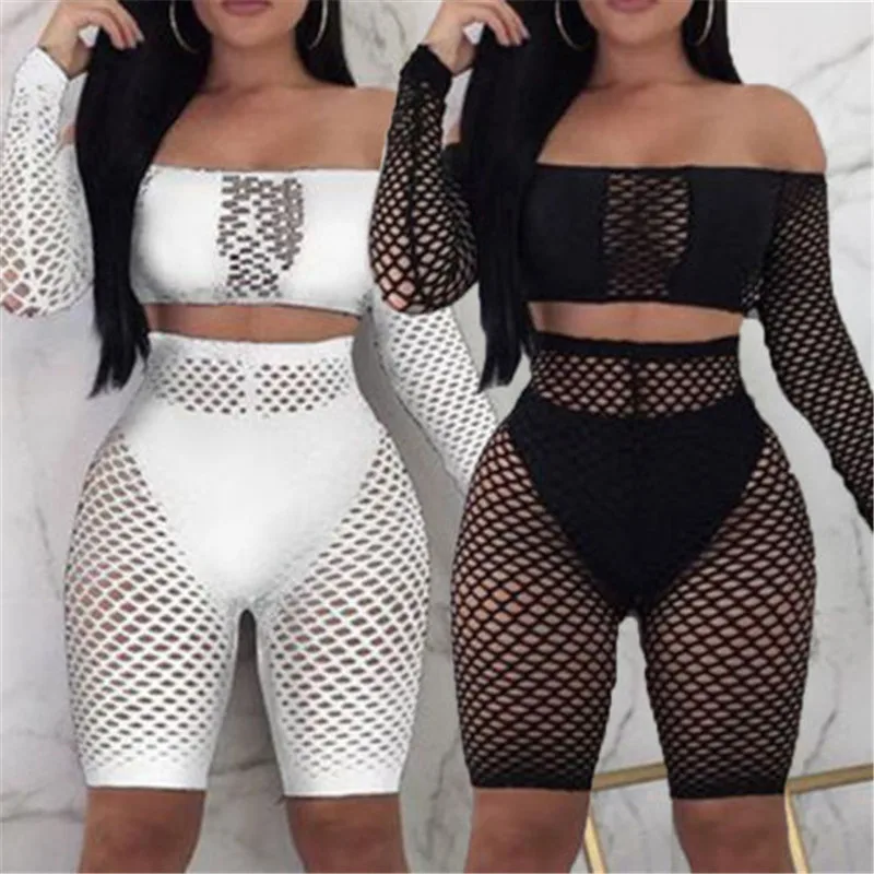 

Women Summer Beach Bikini Cover-up Ladies Lace Crochet Swimsuit Cover Up Swimwear 2Pcs Mesh Push Up Top+Fishnet Shorts Beachwear