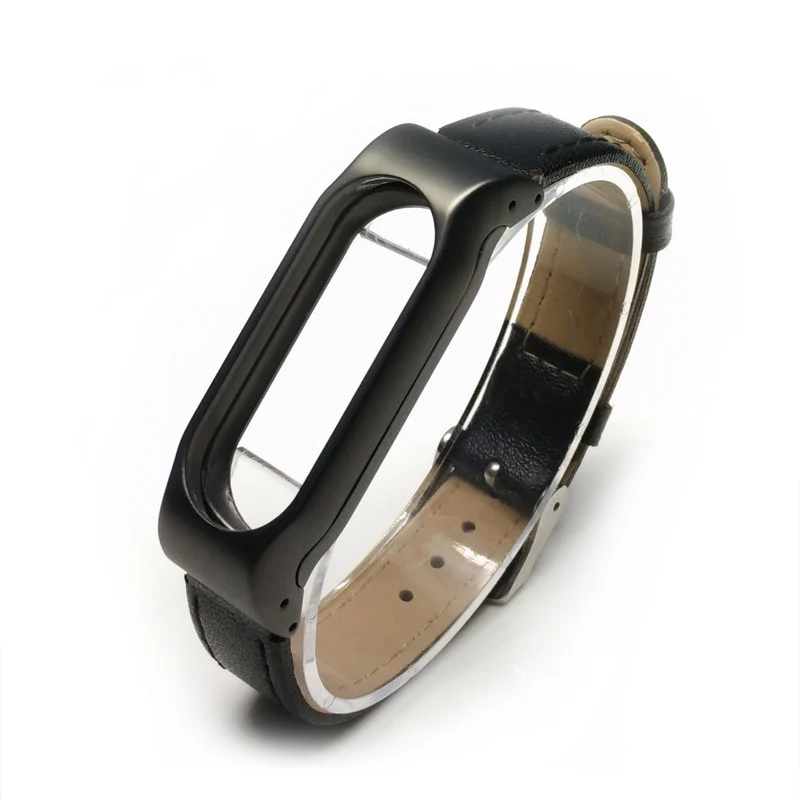 Модный кожаный ремешок для Mi Band 2 с металлической рамкой регулируемый