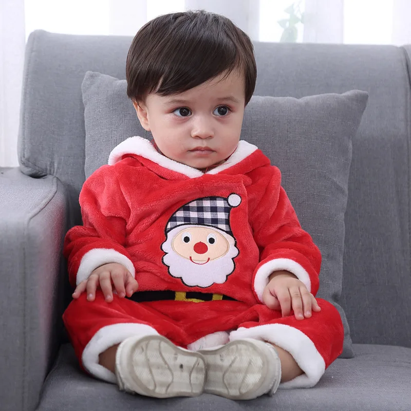 Детский Комбинезон для мальчика Рождественский костюм на Рождество Санта Клаус Косплэй одежда с капюшоном комбинезон для новорожденных и малышей на зиму, теплые, фланелевые Костюмы