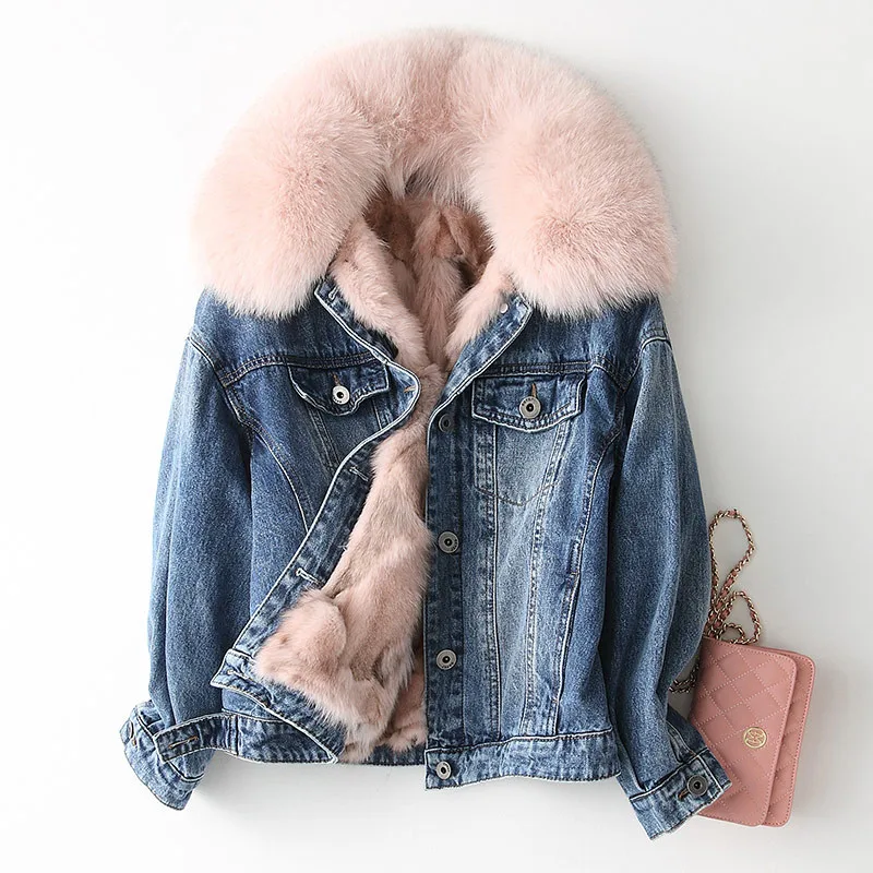 Парка, пальто из натурального меха, зимняя куртка, женские джинсовые куртки с натуральным лисьим мехом, Женская Корейская теплая парка, большие размеры, KQN68654 Y1933 - Цвет: blue-pink collar