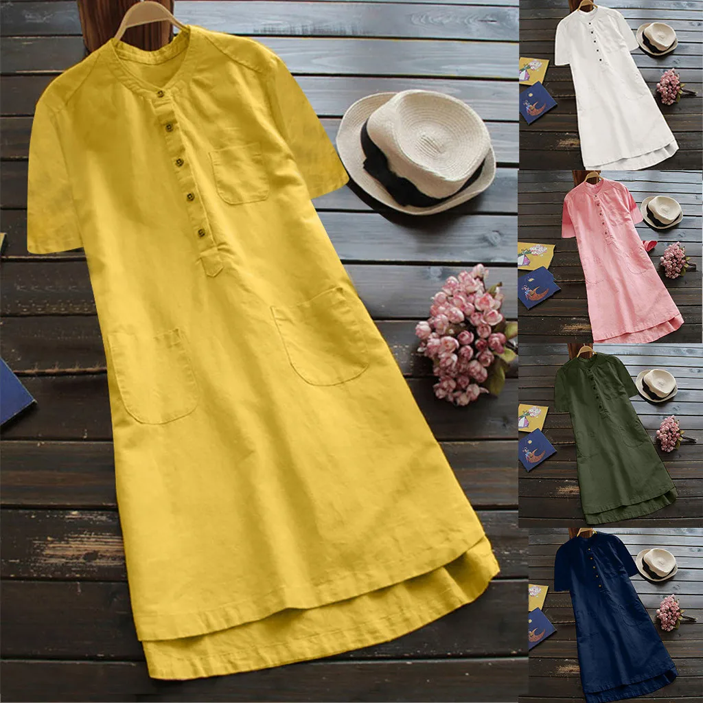 

Summer Dress Women 2019 Women Retro Short Sleeve O Neck Button Shirt Dress Streetwear Casual Formal Dress Women Elegant vestidos