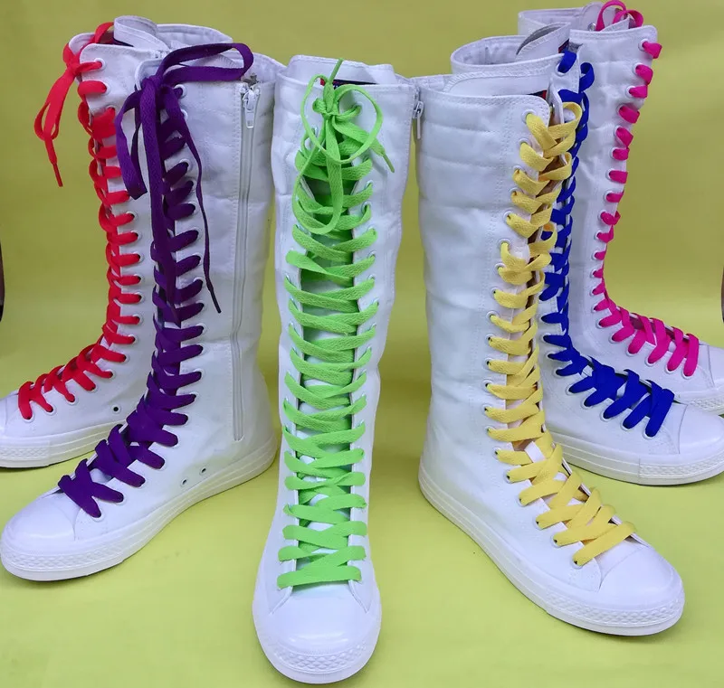 

Womens Canvas Sneakers Tall Lace Up Knee High Boots Flat Shoes Multi-Colors Tie White Black Long Plus Size A624