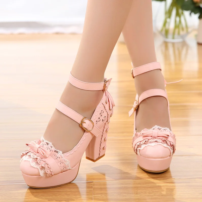 Обувь в стиле Лолиты; Милая принцесса; Повседневная японская обувь на высоком каблуке; винтажная Кружевная повязка с бантом обувь Kawaii; женская обувь для костюмированной вечеринки
