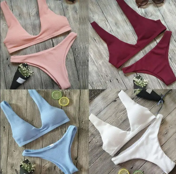 

Drop Shipping Women Bikini Set Push-up Padded Crochet Bra Triangle Bottoms Swimsuit Bathing Summer Lady Solid Color Swimwear