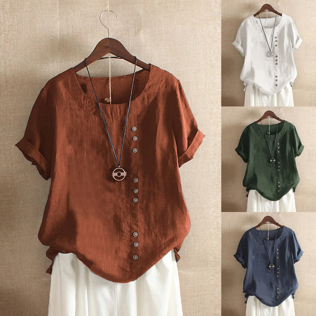 

Female Casual Loose Button Plus Size Daily T-shirt Women's solid color summer large size cotton linen Tops vestidos mujer verano