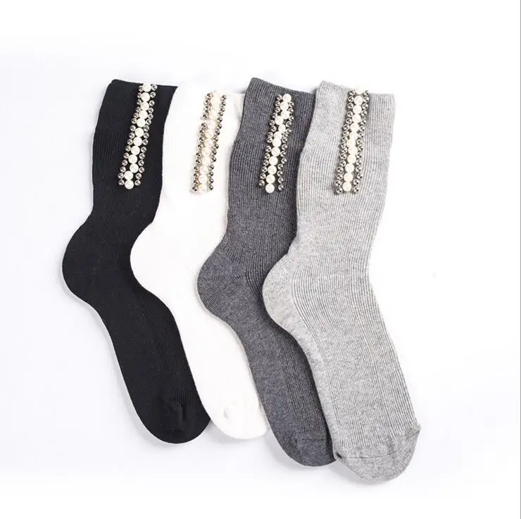 

New arrival flash socks trend Vertical pearl Rhinestone Hot Drill sequin color in the tube heap pile socks handmade socks