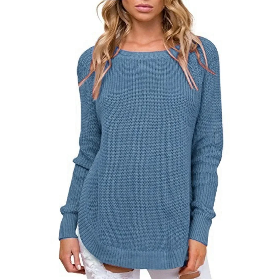 Женские свитера и пуловеры, Осень-зима, новинка, однотонный, длинный рукав, неровный, с разрезом, пуловер, женский, Повседневный, вязаный свитер - Цвет: Blue Sweater