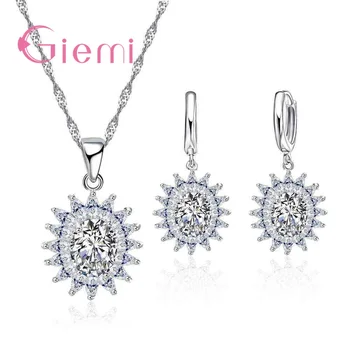 

Hot Jewelry Sets Luxury Sun Flower Crystal 925 Sterling Silver Jewelry Zircon Pendant Necklace Earring Women Wedding Set