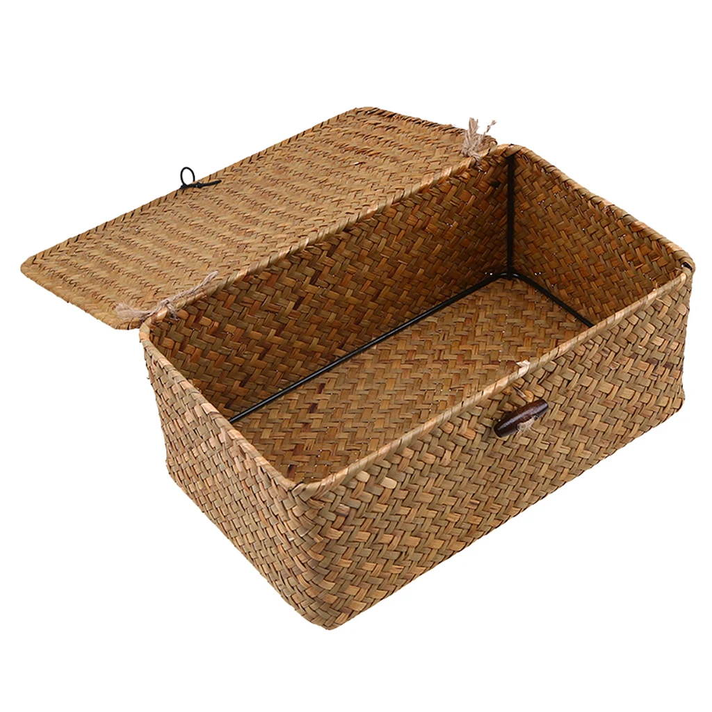 Rectangular Handmade Seagrass Baskets with Lids Multifunctional Storage Solution for Home Office Kitchen Living Room Storage