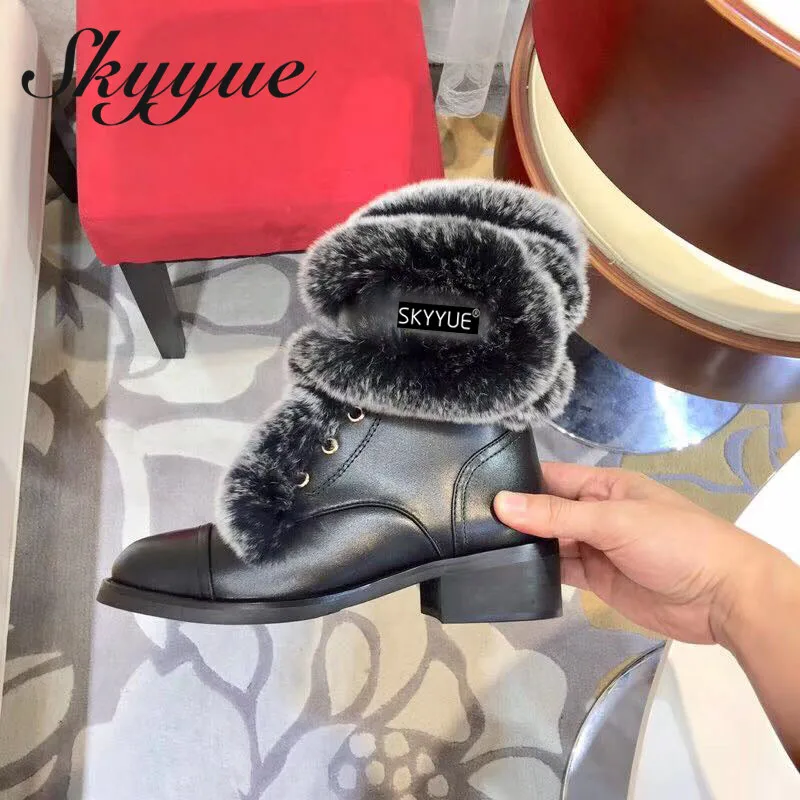 

SKYYUE Genuine Leather gladiator Lace Up Women Boots Real Fur Warm Winter Boots Low Heel Ankle Boots Shoes Women