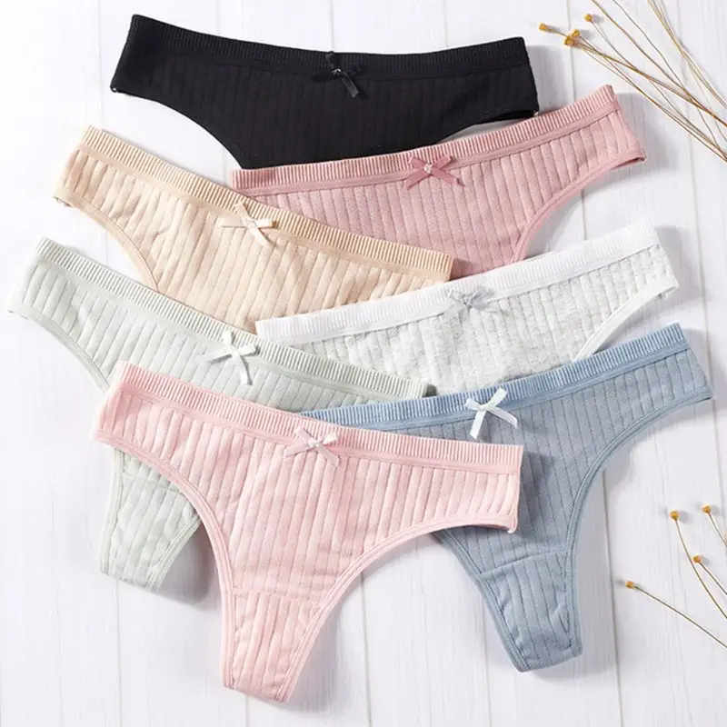 Women Sexy Low Rise Cotton G-String Lingerie Plain Solid Color Bowknot Panties Thong Thread Ribbed Striped Underwear Briefs