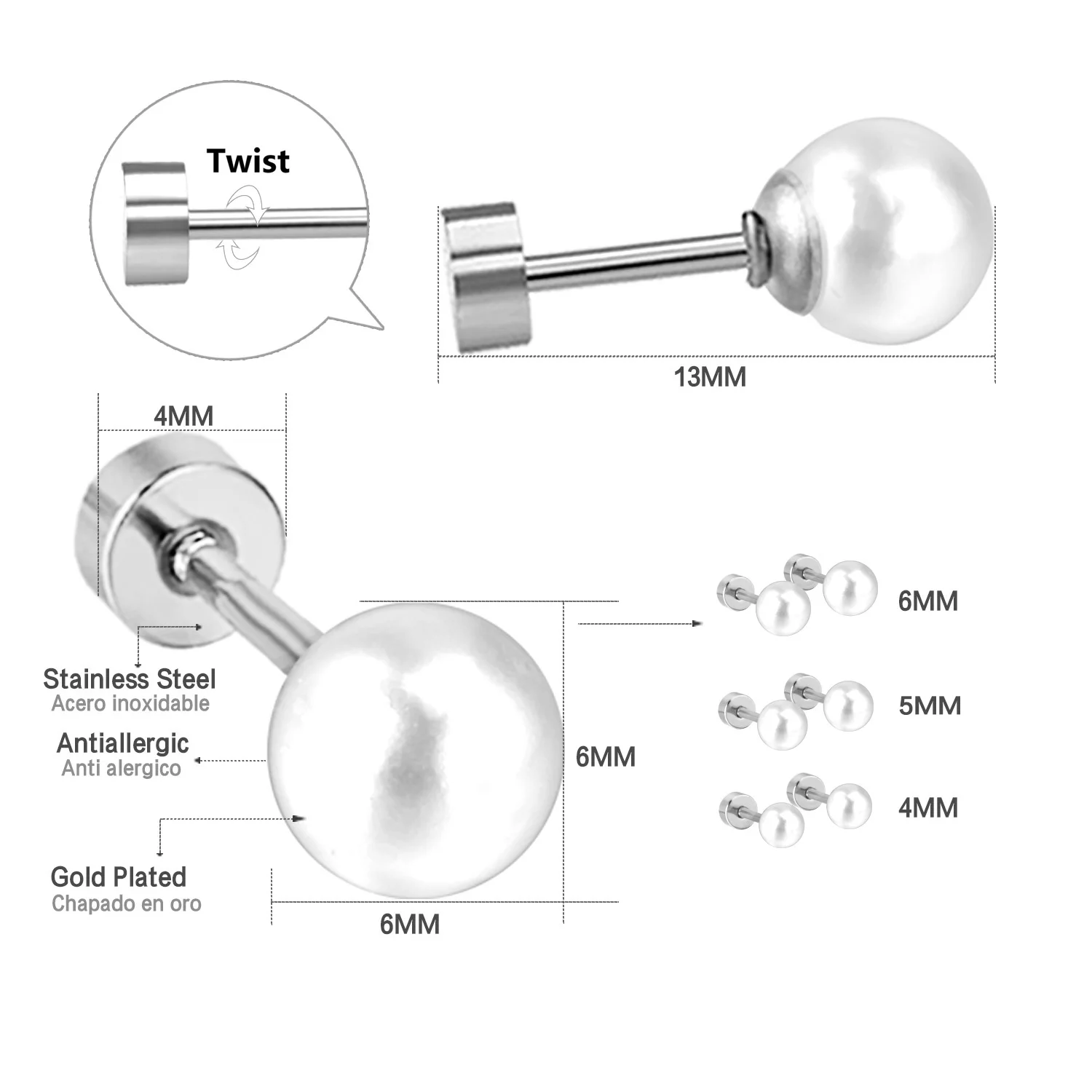 Набор сережек из нержавеющей стали, 3 пары, 4 мм/5 мм/6 мм, имитация жемчуга, скрученные серьги-гвоздики, Семейные комплекты для мамы и дочки
