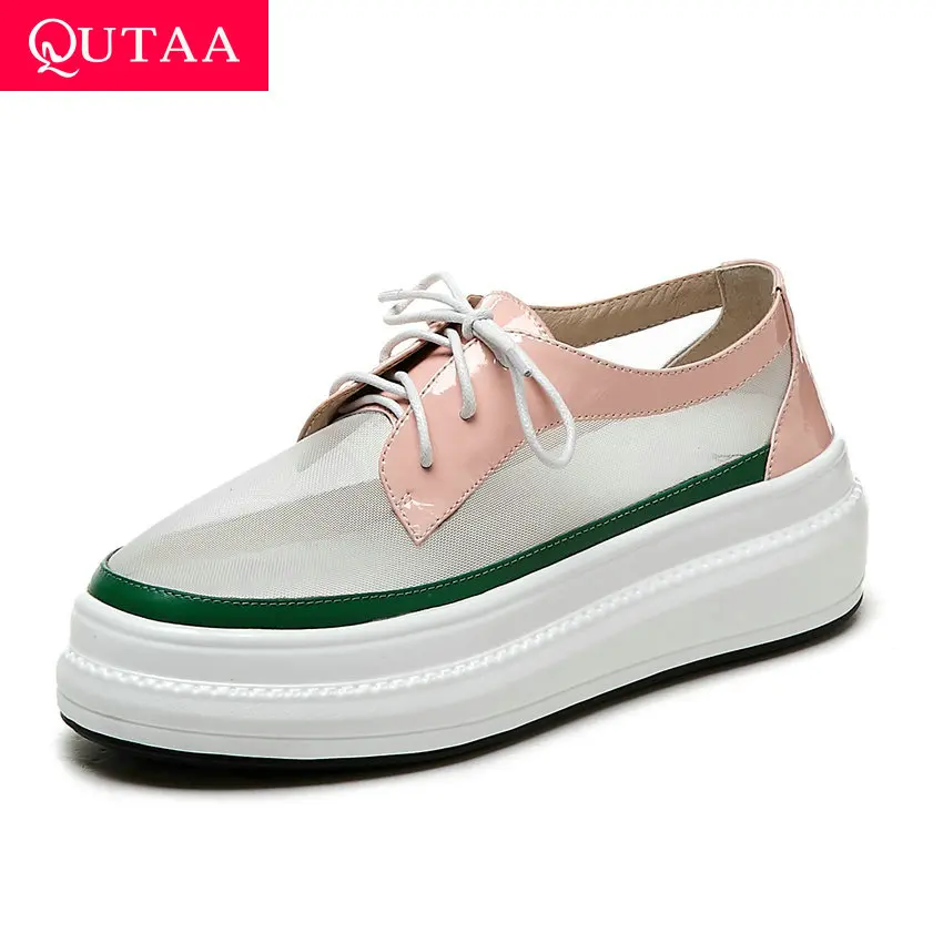 

QUTAA 2019 Mixed Color Wedge Heel Sneakers Lace Up Fashion Platform Cow Leather Mesh Casual Women Single Shoes Summer Size 34-40