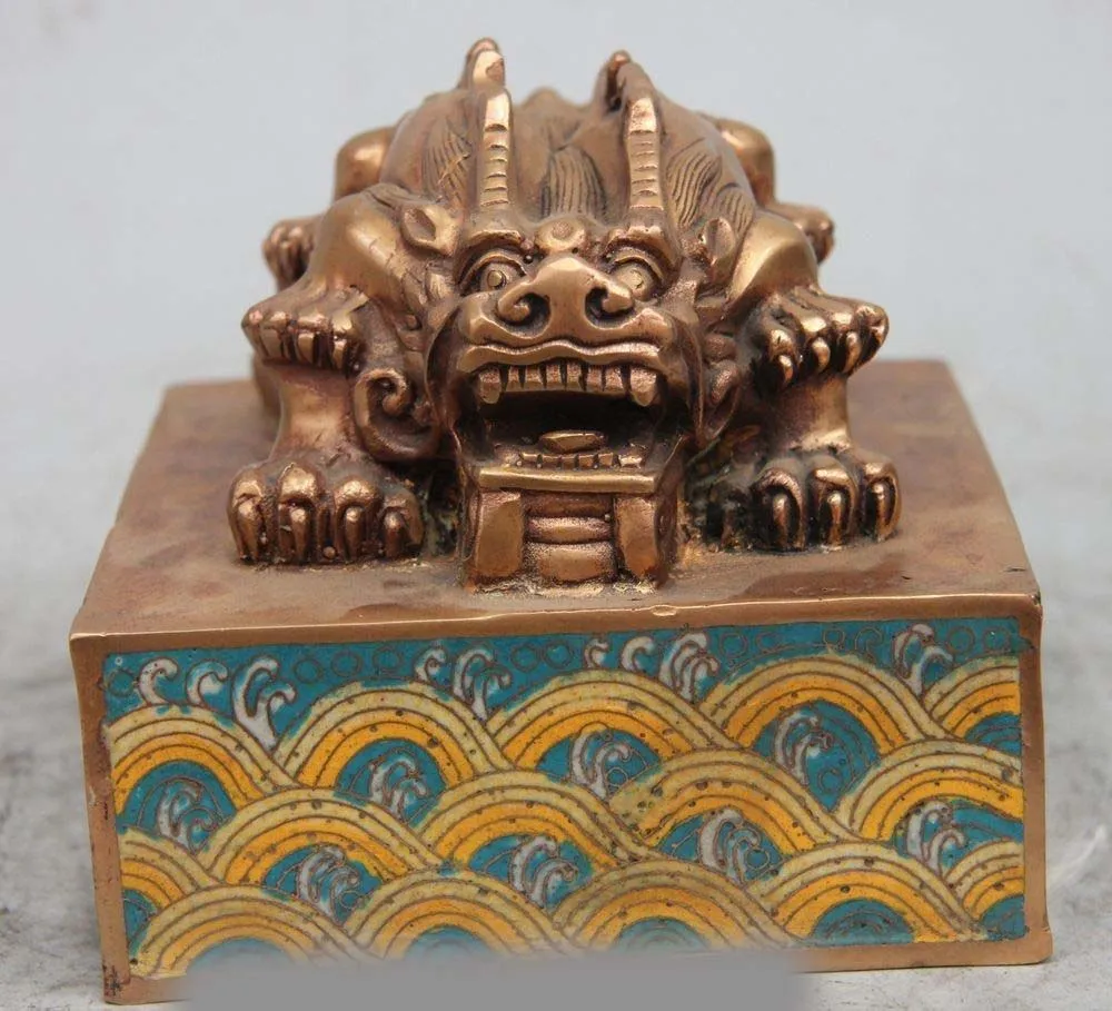 

6"Marked Chinese Cloisonne Bronze Emperor 2 Dragon Head Statue Seal Stamp Signet