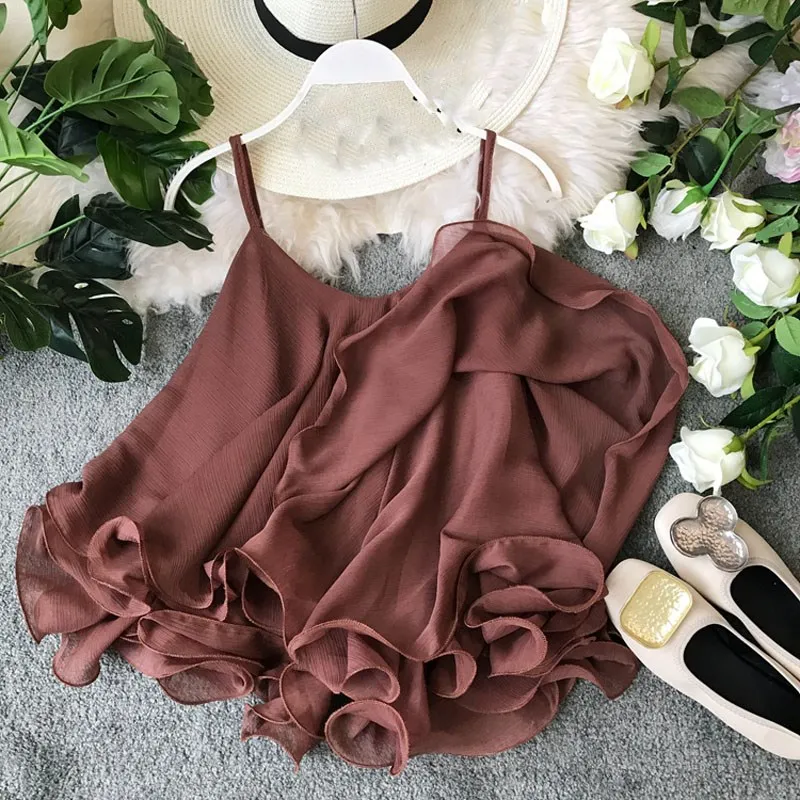 

New Women Suspender Casual Blouse Solid Summer Loose Slash Neck Sleeveless Ruffles Shirt Double Layer Holiday Chiffon Tops