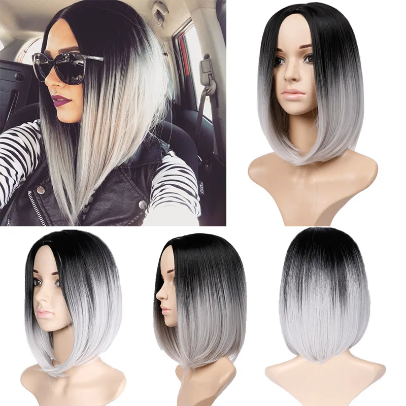 Short Ombre Bob Wig Natural Black Gray Bob Wig Cosplay Cheap