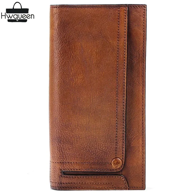 

Vintage Designer Genuine Cow Leather Men's Two-fold Long Wallet Retro Male Clutch Purse Phone Holder Large Bifold Card Wallet