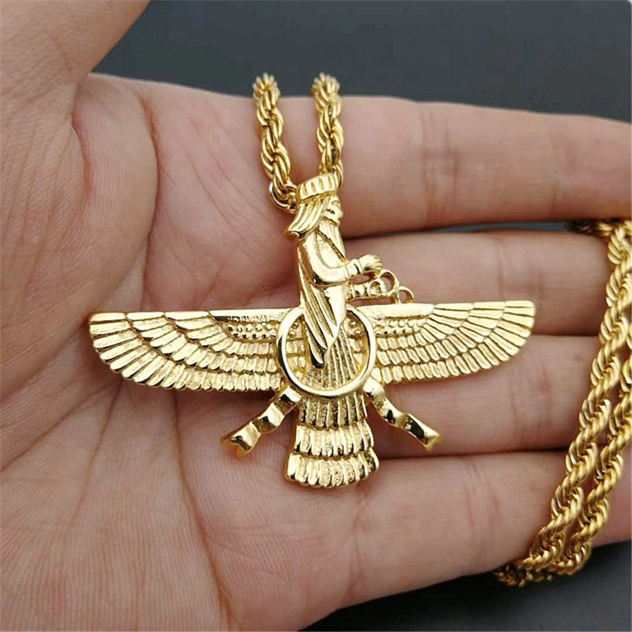 

New Men Hip Hop Iran Faravahar Ahura Mazda Zoroastrian Pendant Necklace Gold Color Stainless Steel Men Jewelry