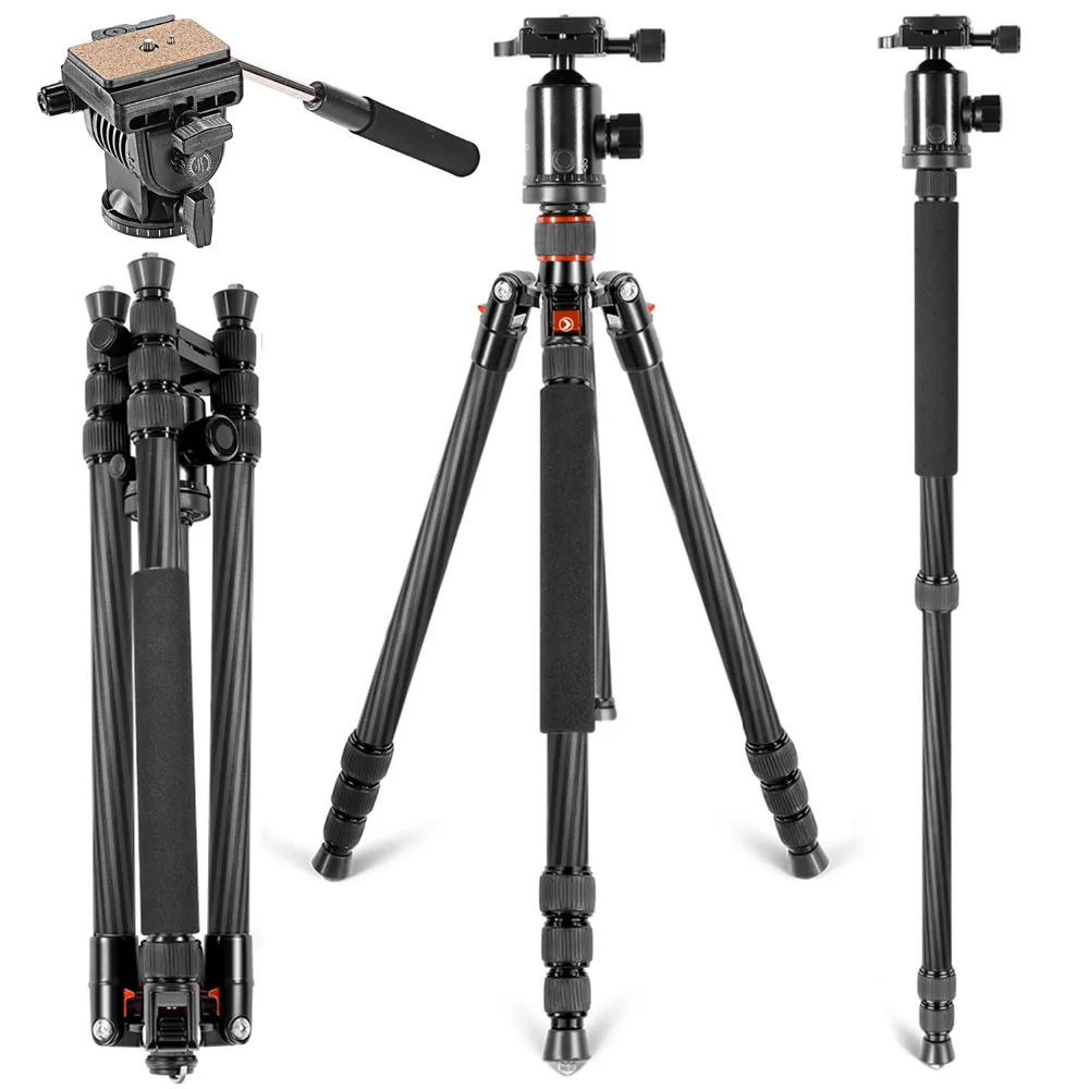 Neewer Carbon Fiber 66"/168cm Tripod Monopod with 360 Degree Ball Head Fluid Video Head 1/4
