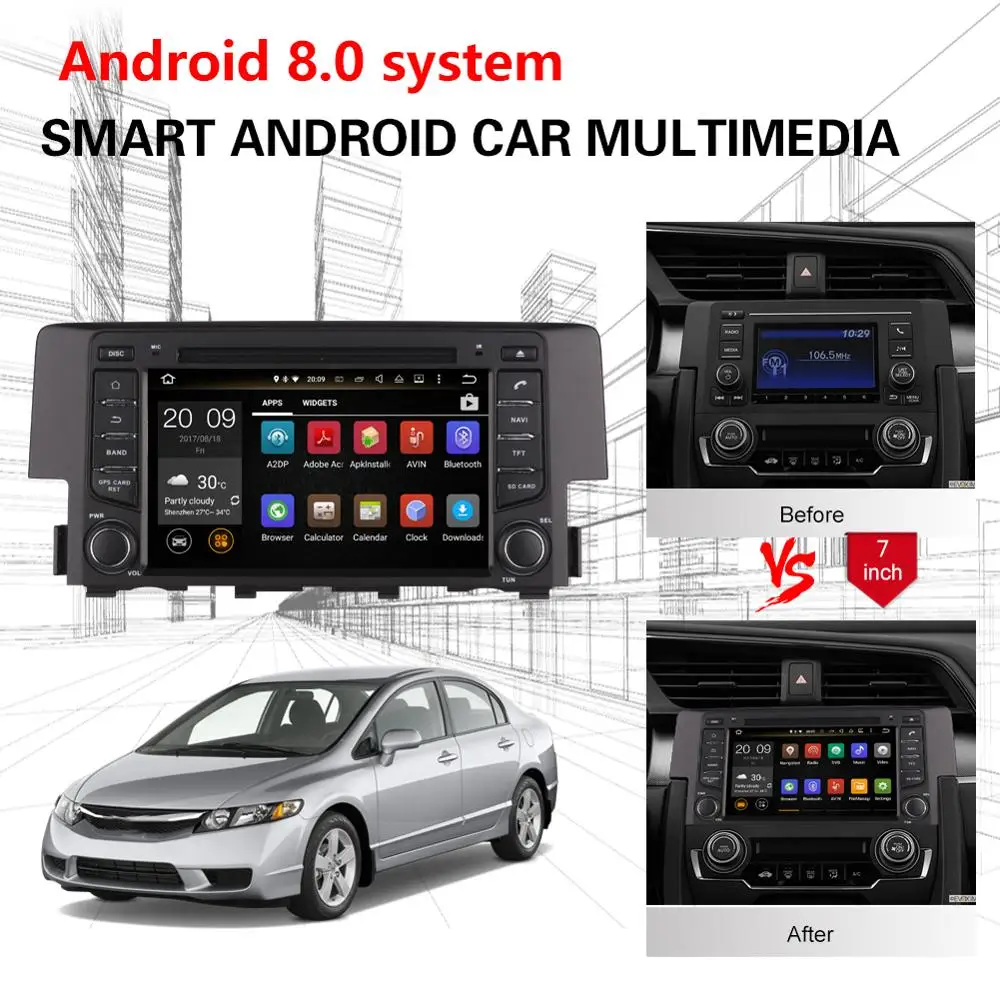 Discount Android 9.0 Octa Core 4GB RAM CAR DVD Player GPS Navigation Bluetooth For Honda Civic 2016-2020Head Unit Radio Stereo Multimedia 2