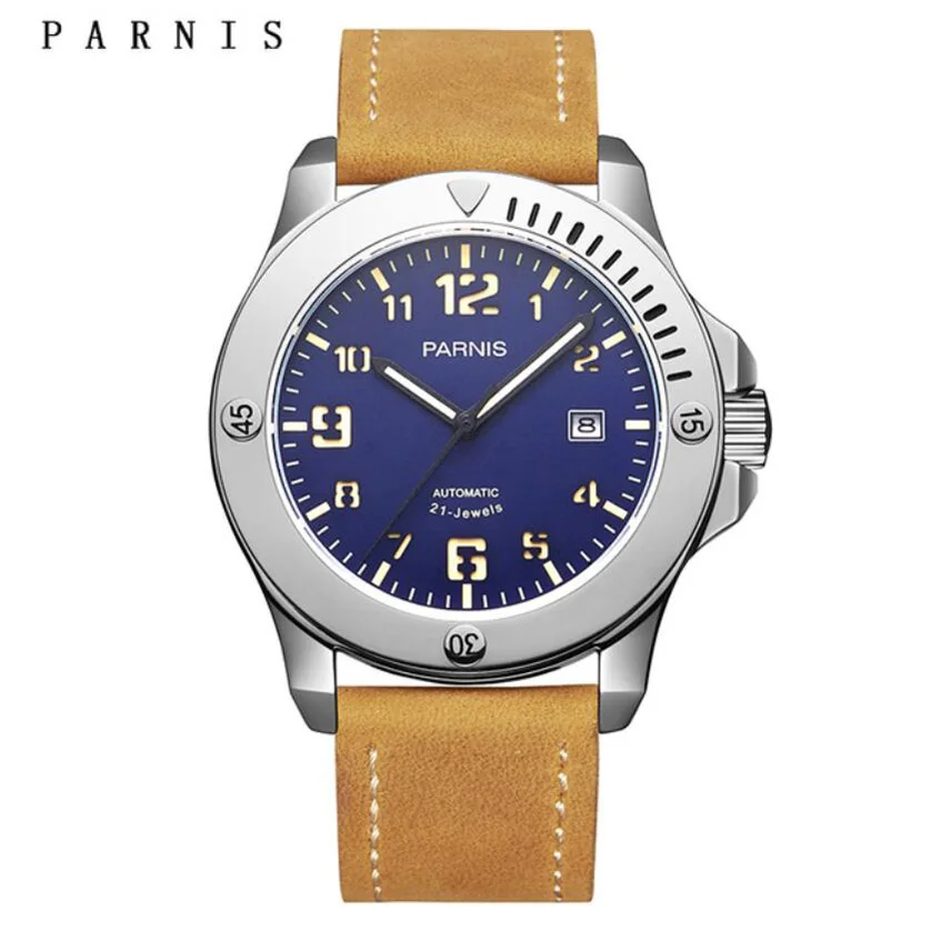 

44mm Parnis Blue dial Mens Top Luxury Brand Mechanical Watch 21 Jew MIYOTA 821A Automatic Movement Luminous Military Watch Men