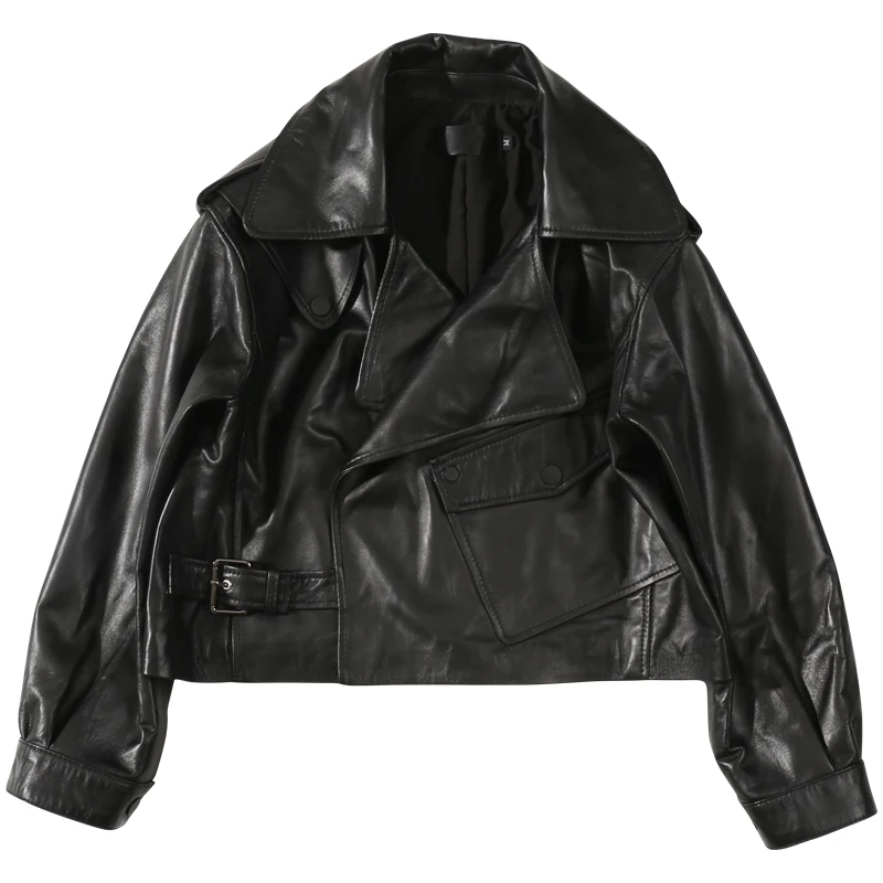 2019 Spring  Short Loose Sheepskin Jacket Korean Casual Raglan Sleeve real leather jacket  genuine leather jacket women