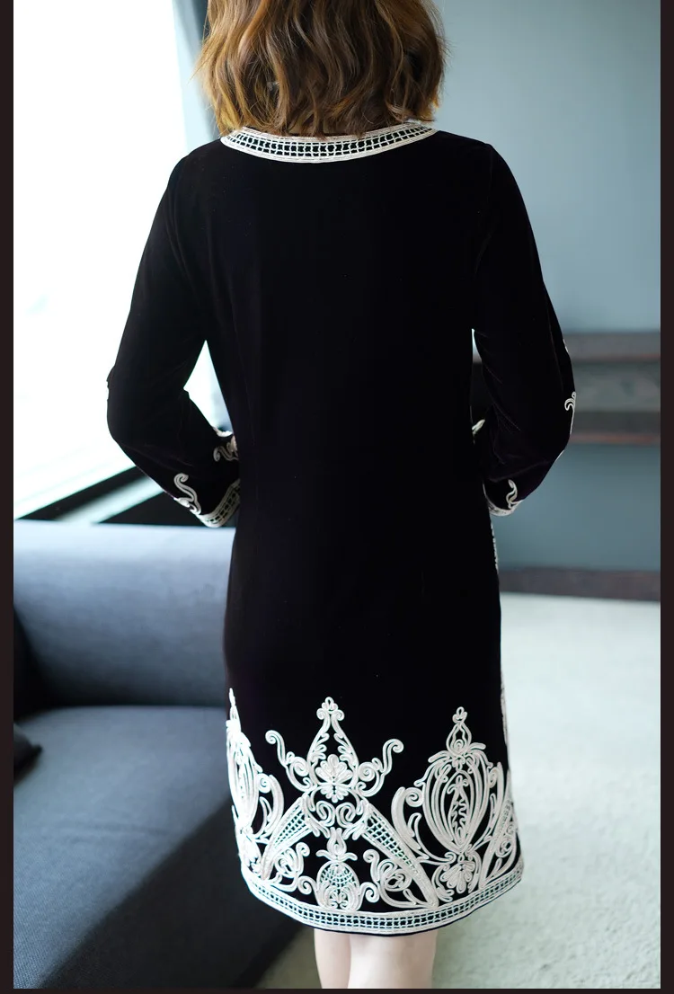 Высококачественное Брендовое новое осенне-зимнее женское платье размера плюс с круглым вырезом и аппликацией, винтажное вельветовое платье с вышивкой, 50s 60s
