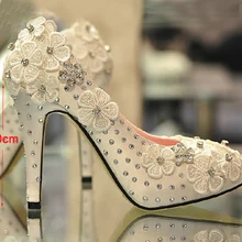 Spring and autumn fashion women Party Prom Dress Shoes Lace 4 Inches heel platform high-heeled Satin White Wedding Shoes