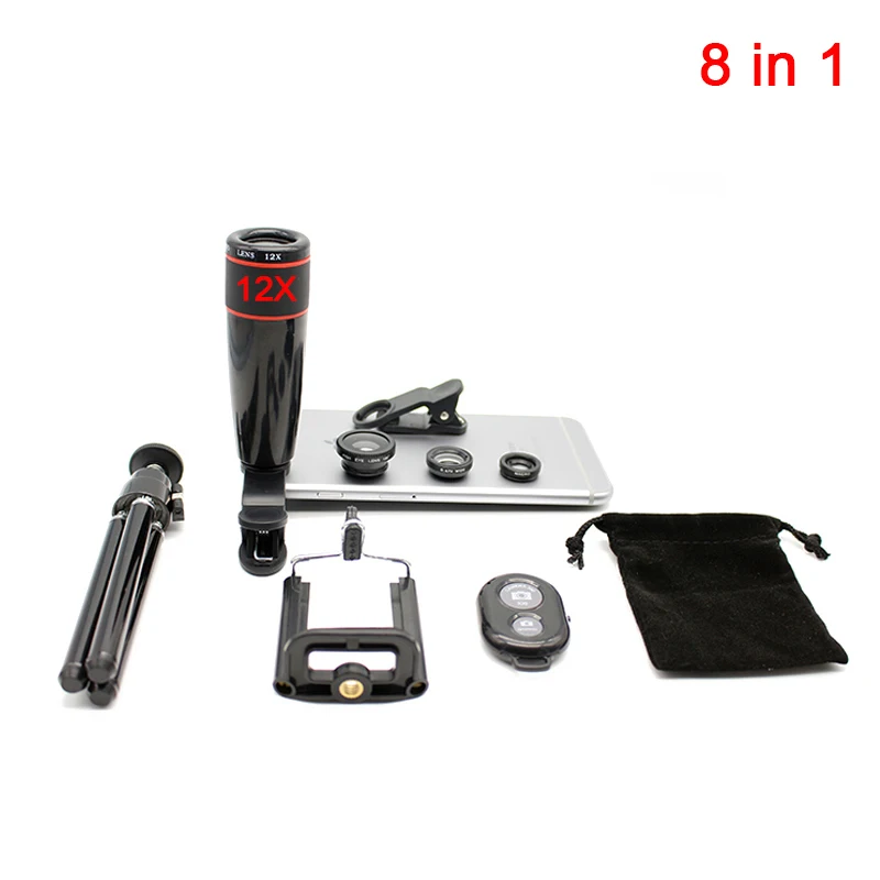 2017 8in1 Phone Camera Lentes Kit 12x Zoom Telephoto Telescope Lens For iPhone 5s 6 6s 7 8 Plus Fish eye Wide Angle Macro Lenses