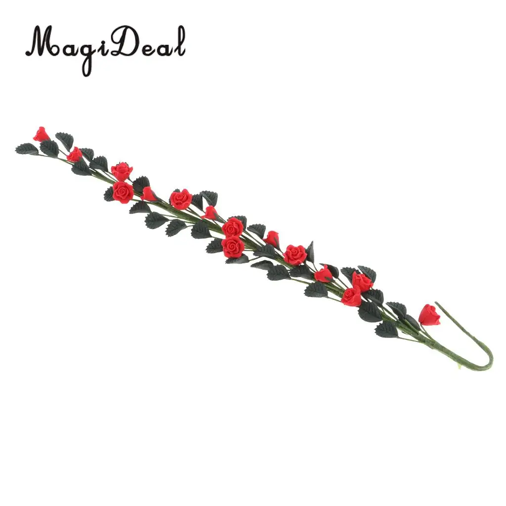 1/12 Scale Handmade Clay Boston Ivy Leaves String Rose Bouquet Dollhouse Indoor Outdoor Furniture Decor Kids Pretend Play Red