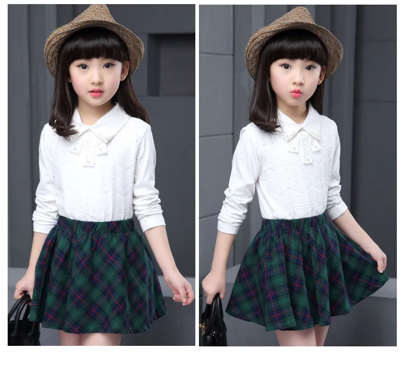 Girls White Shirt Plaid Waistcoat Skirts 3PCS Suit 15