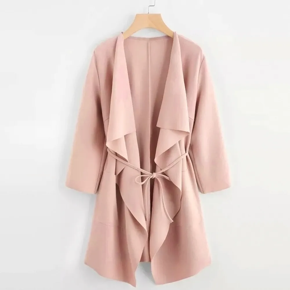 2019 Winter Women Casual Waterfall Collar Pocket Front Wrap Drawstring