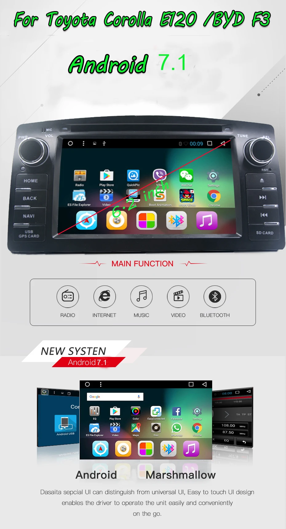 Best Quad Core 2 Din Android 7.1 Car Dvd Player Radio Stereo For Toyota Corolla E120 Byd F3 1g Ram With Touch Screen Wifi Bt 1