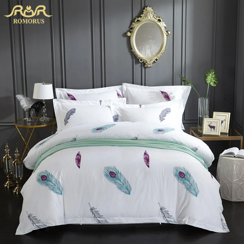 

Colorful Feather Printed Luxury Bedding Set 3/4 Pieces High Quality 100% Cotton Duvet Cover Set Full Queen King Size Bed Cover