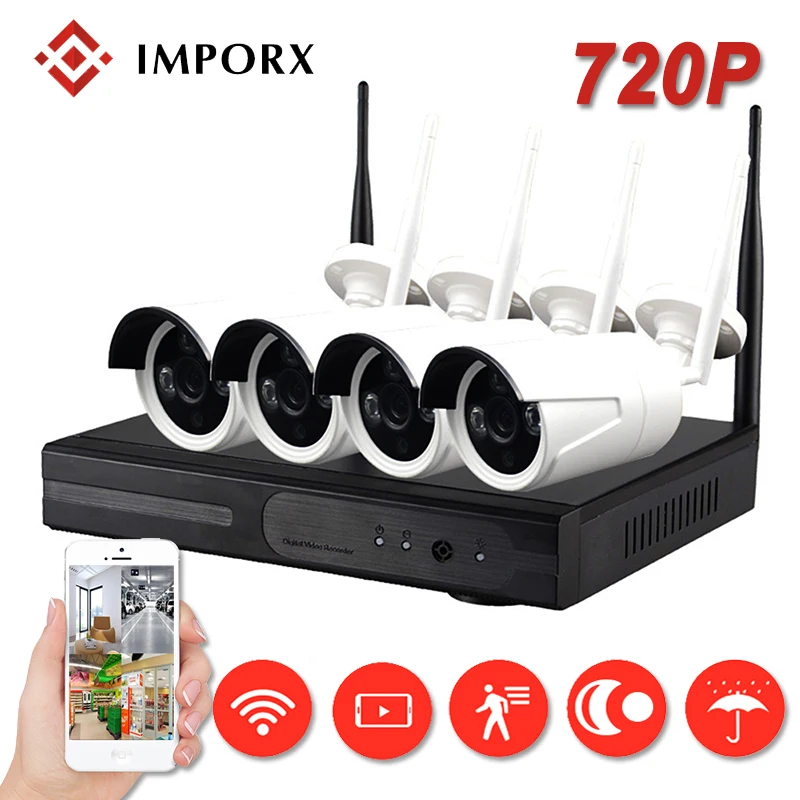 

IMPORX 4CH 720P Wireless CCTV System Camera NVR 4PCS 1.0MP IR Outdoor P2P Wifi IP CCTV Security Camera System Surveillance Kit