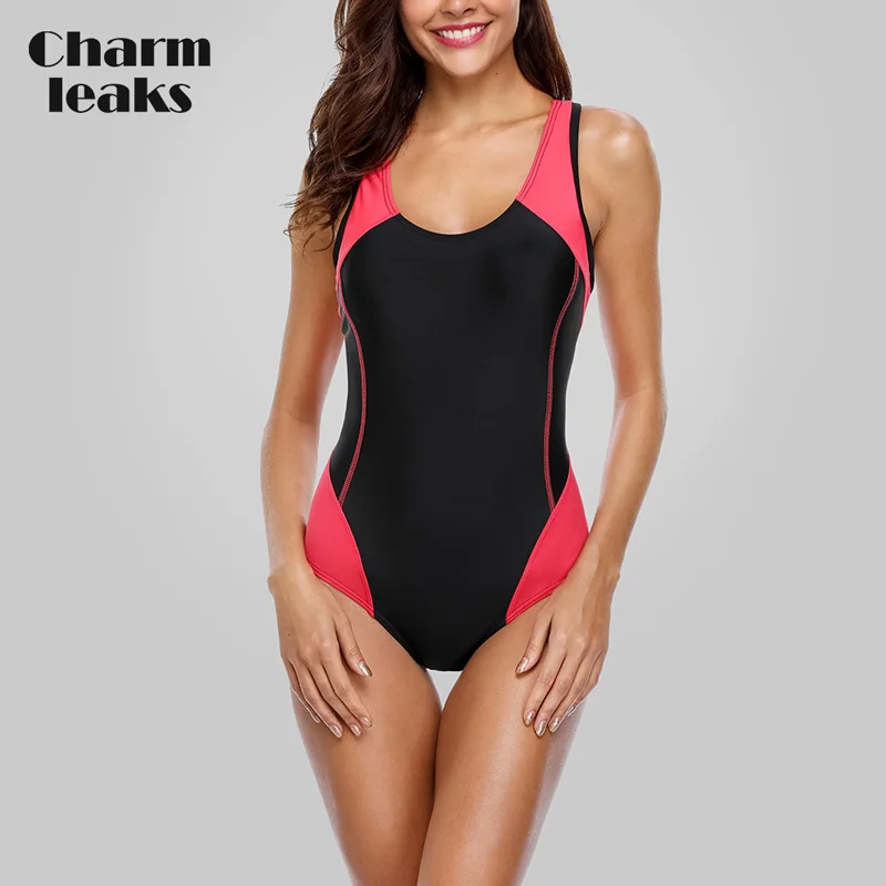 Charmleaks, сдельный женский спортивный купальные Костюм спортивный купальник из кусков для соревнований, купальник с открытой спиной, пляжная одежда, купальные костюмы - Цвет: RED